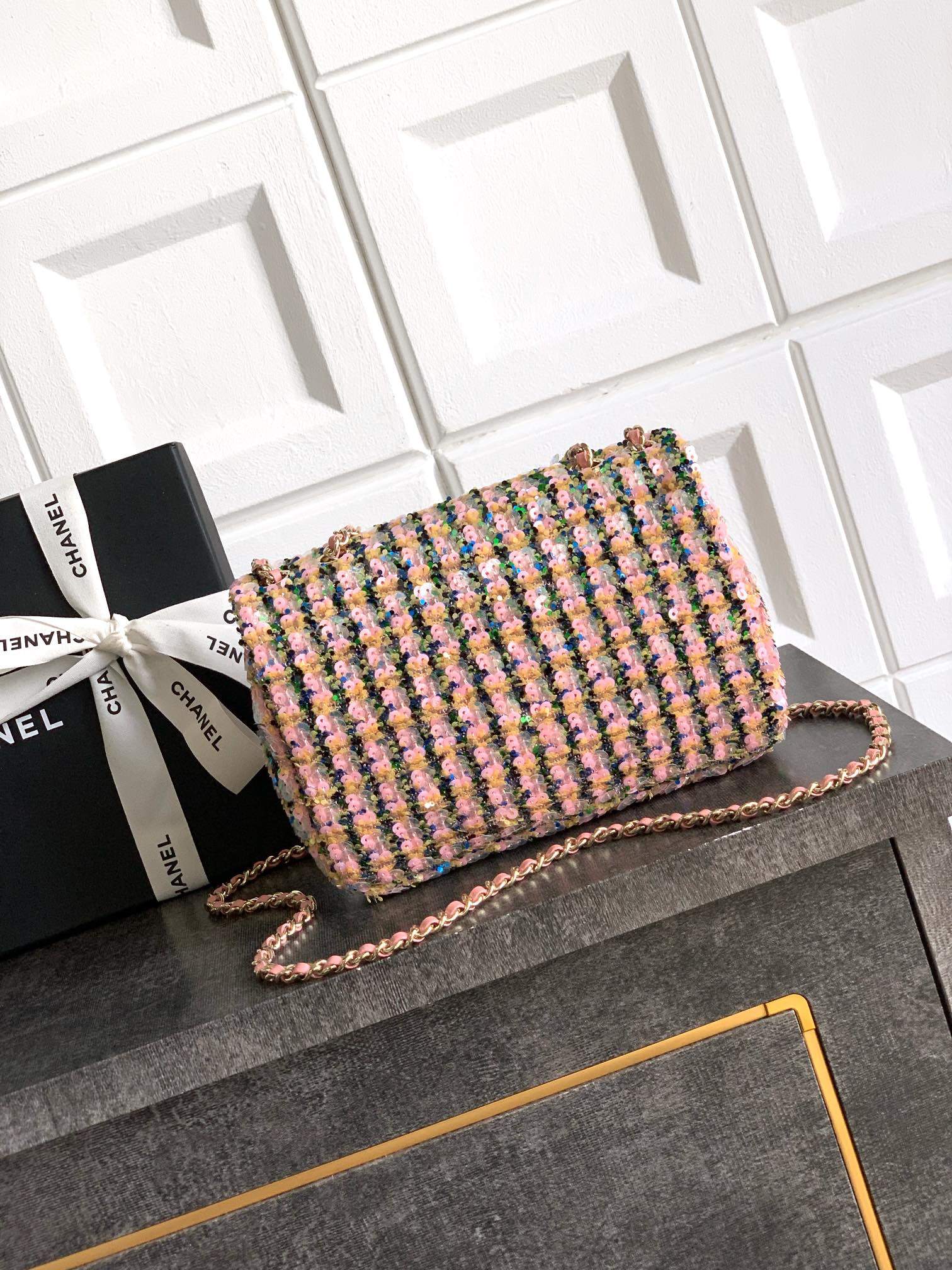 Copy Replica Flap Bag With Sequins & Gold-Tone Metal - Image 2