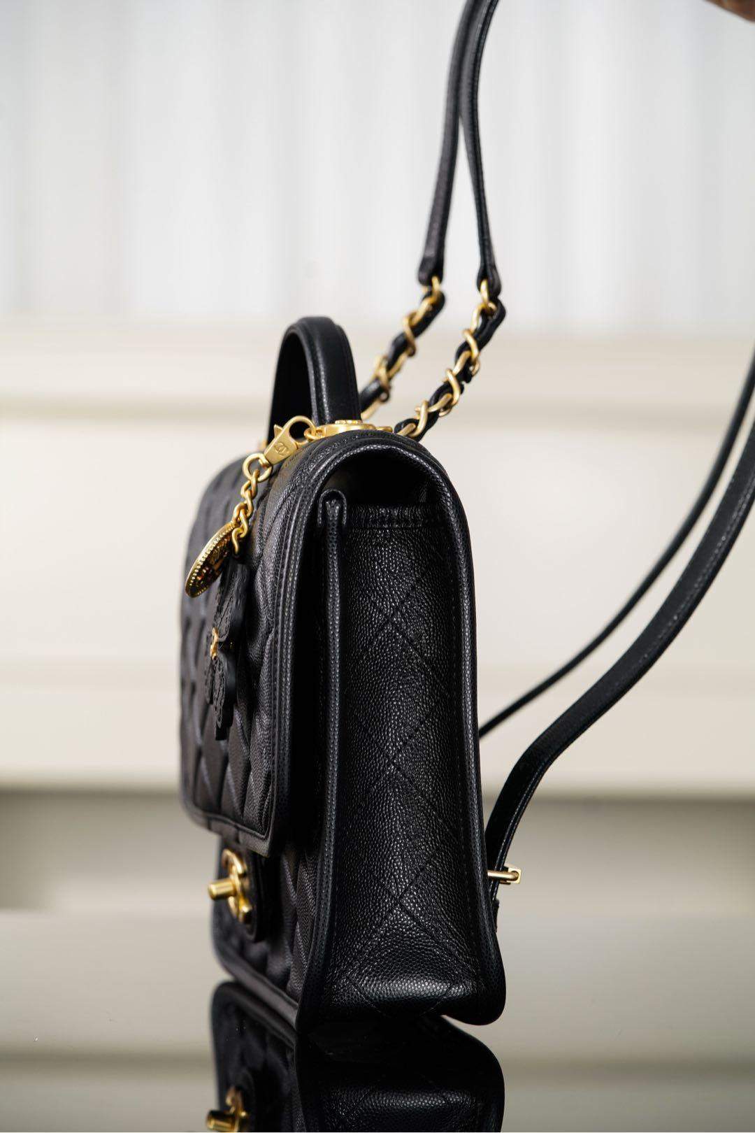 Copy Grained Shiny Calfskin & Gold-Tone Metal Replica Backpack - Image 7