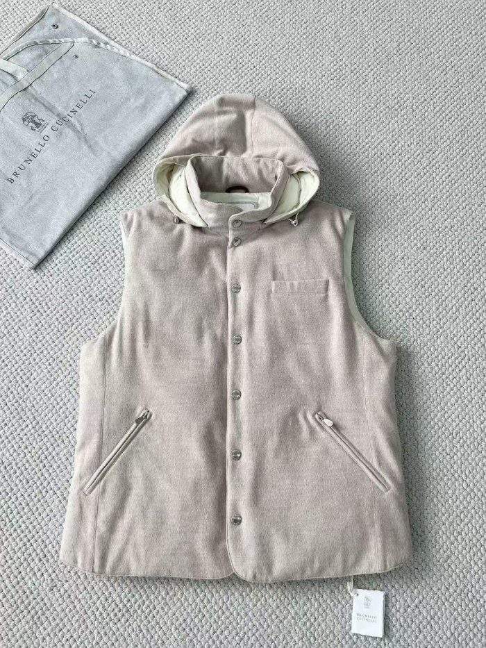 Buy Brunello Cucinelli Bonded Wool Flannel Replica Down Vest With Detachable Hood