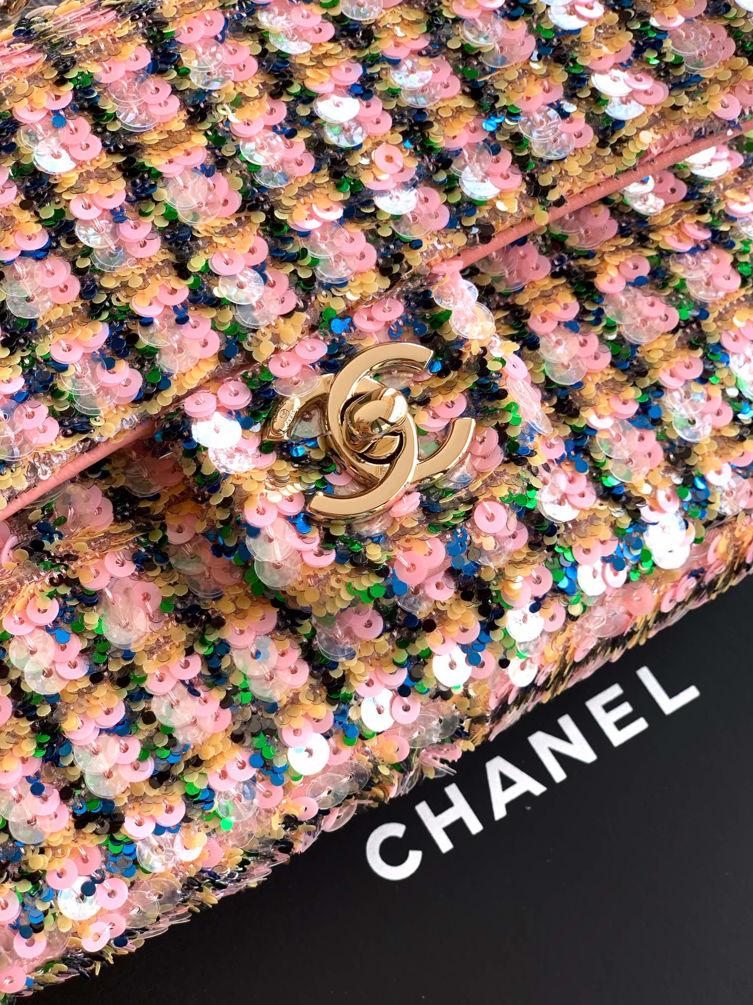 Copy Replica Flap Bag With Sequins & Gold-Tone Metal - Image 6