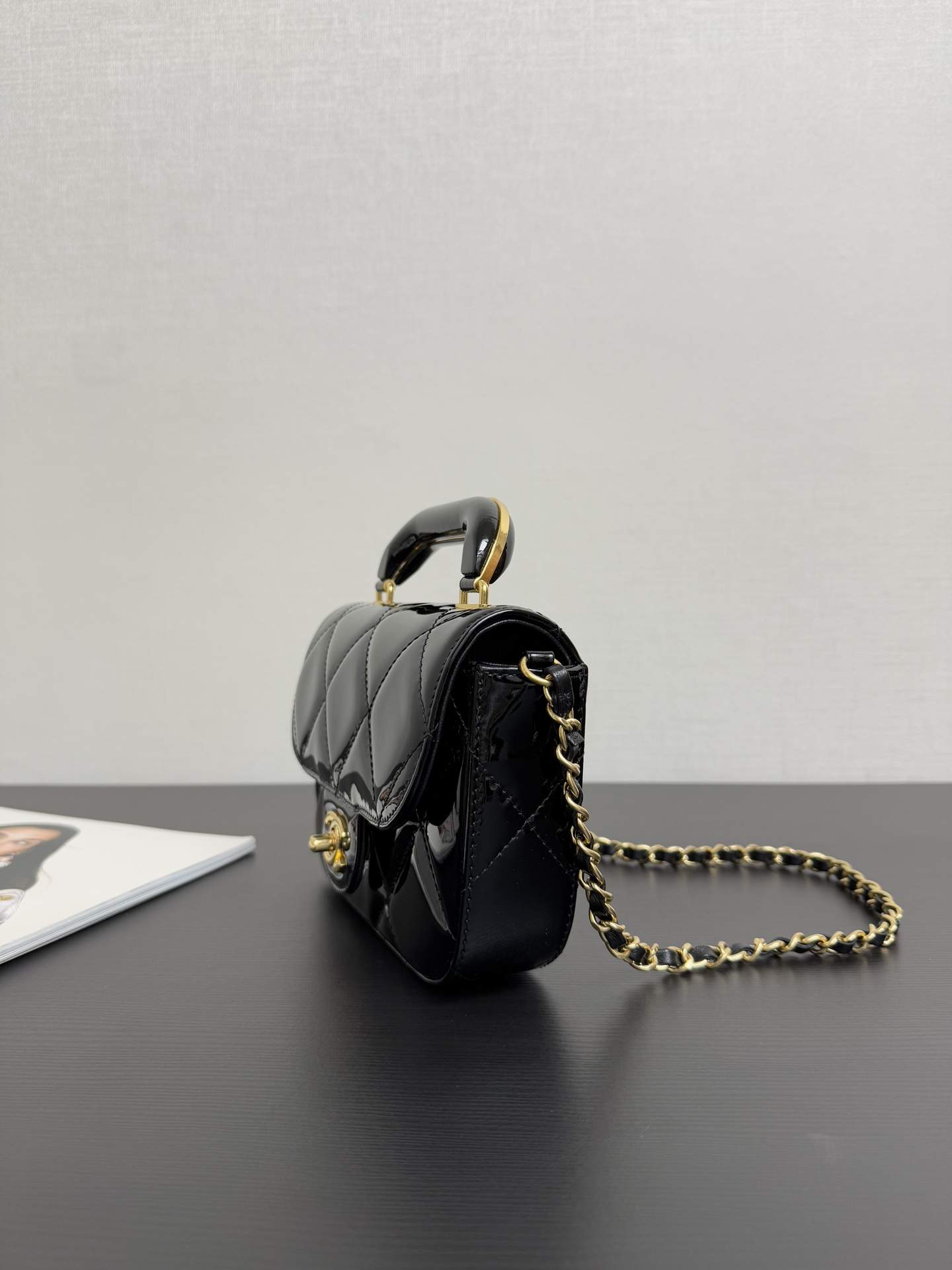 Premium Metallic Mirror Calfskin Replica Mini Flap Bag With Top Handle - Image 3