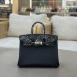 Copy Hermes Birkin Touch 25 cm Replica Bag In Togo & Shiny Crocodile Leather With Silver Hardware - Black