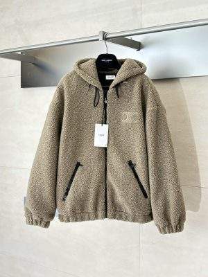 Copy Celine Hooded Replica Jacket In Wool And Cotton Fleece