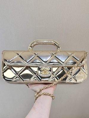 Elite Metallic Mirror Calfskin Large Replica Flap Bag With Top Handle