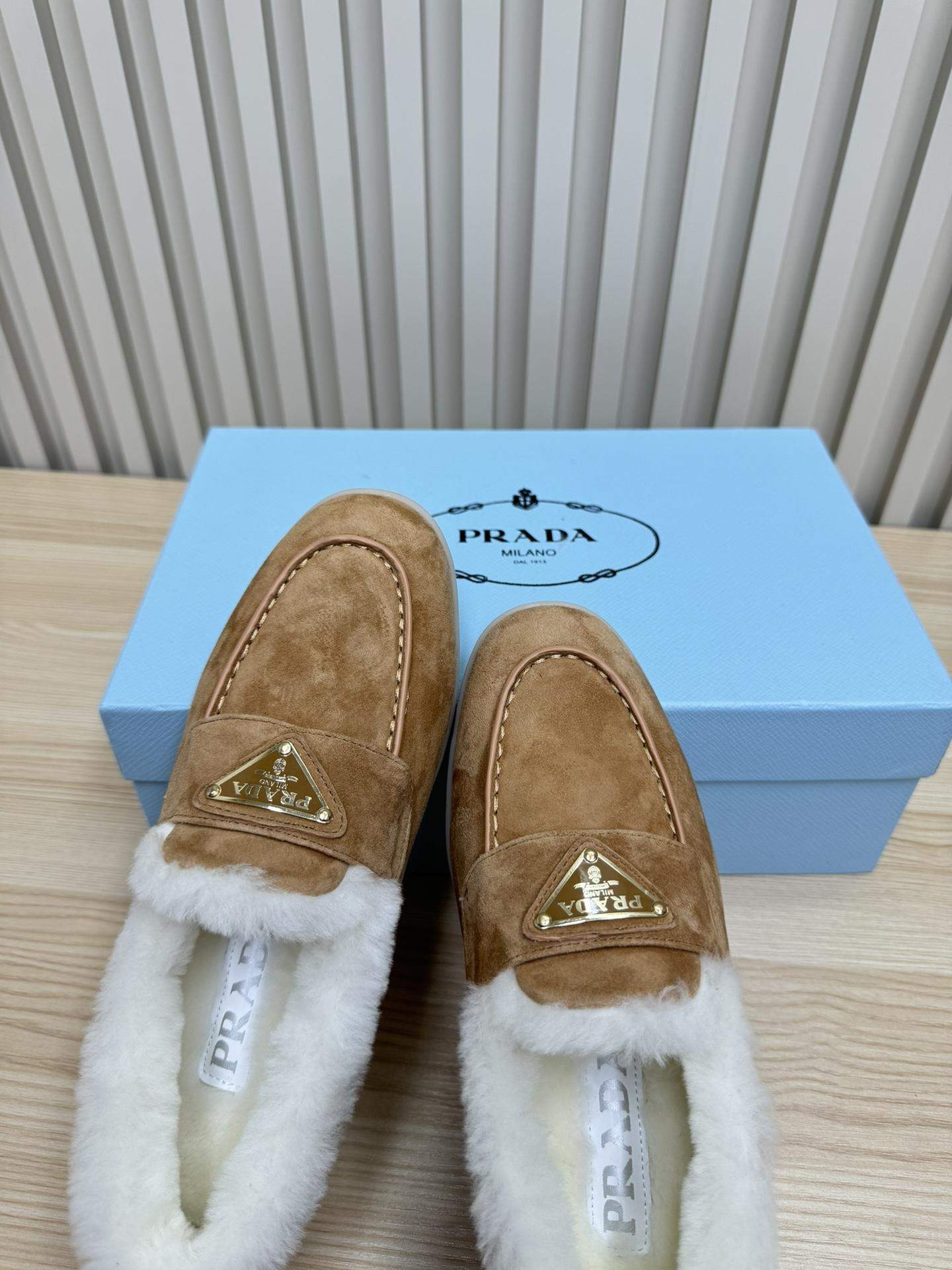 Copy Prada Suede And Shearling Replica Loafers - Image 6