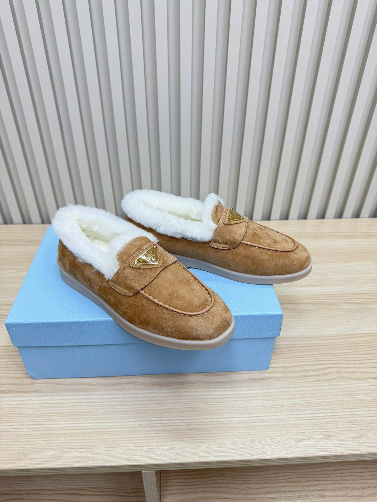 Copy Prada Suede And Shearling Replica Loafers - Image 4
