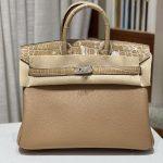 Copy Hermes Birkin Touch 25 cm Replica Bag In Togo & Shiny Crocodile Leather With Silver Hardware - Light Brown