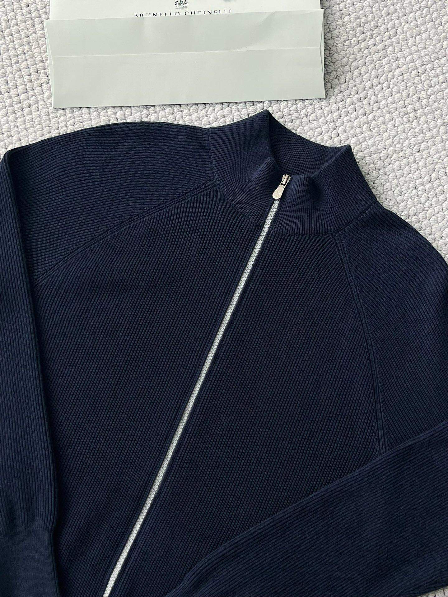 Deluxe Brunello Cucinelli Malfile Cotton English Rib Replica Cardigan With Raglan Sleeves And Zipper - Image 2