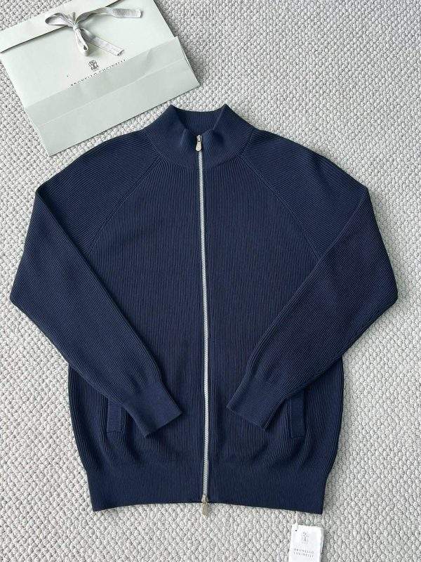 Deluxe Brunello Cucinelli Malfile Cotton English Rib Replica Cardigan With Raglan Sleeves And Zipper