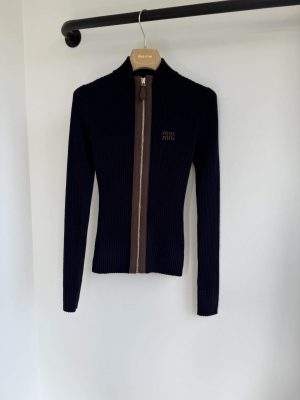 Luxury Replica Miu Miu Cashmere And Leather Zipper Cardigan