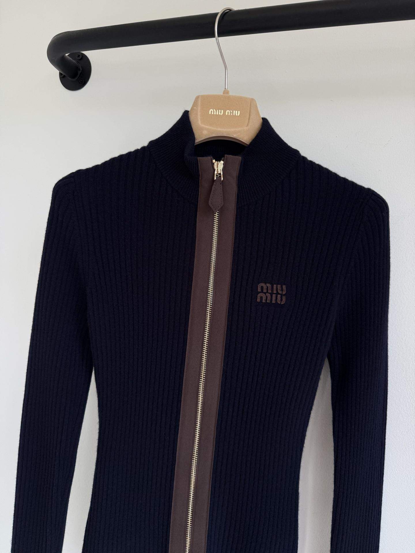 Luxury Replica Miu Miu Cashmere And Leather Zipper Cardigan - Image 3