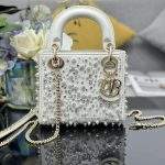 Copy Christian Dior Satin Embroidered Pearls Lady Dior Replica Mini Bag - White
