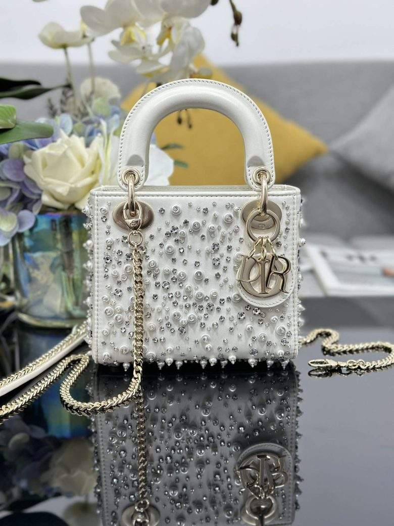 Copy Christian Dior Satin Embroidered Pearls Lady Dior Replica Mini Bag