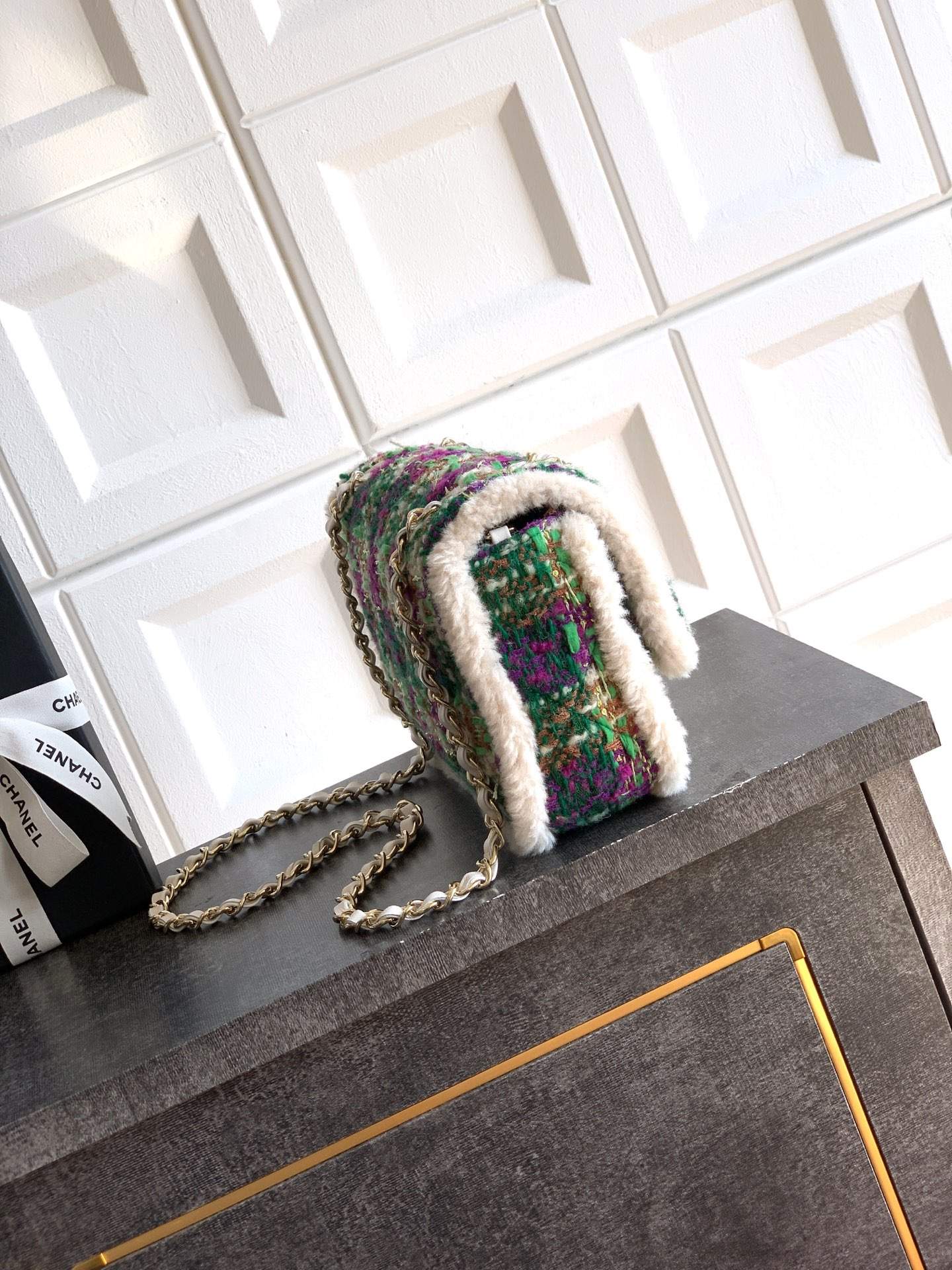 Deluxe Tweed And Shearling Lambskin Replica Large Flap Bag - Image 3