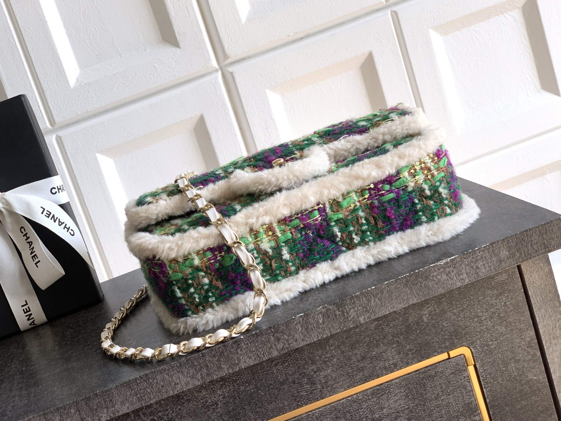 Deluxe Tweed And Shearling Lambskin Replica Large Flap Bag - Image 4