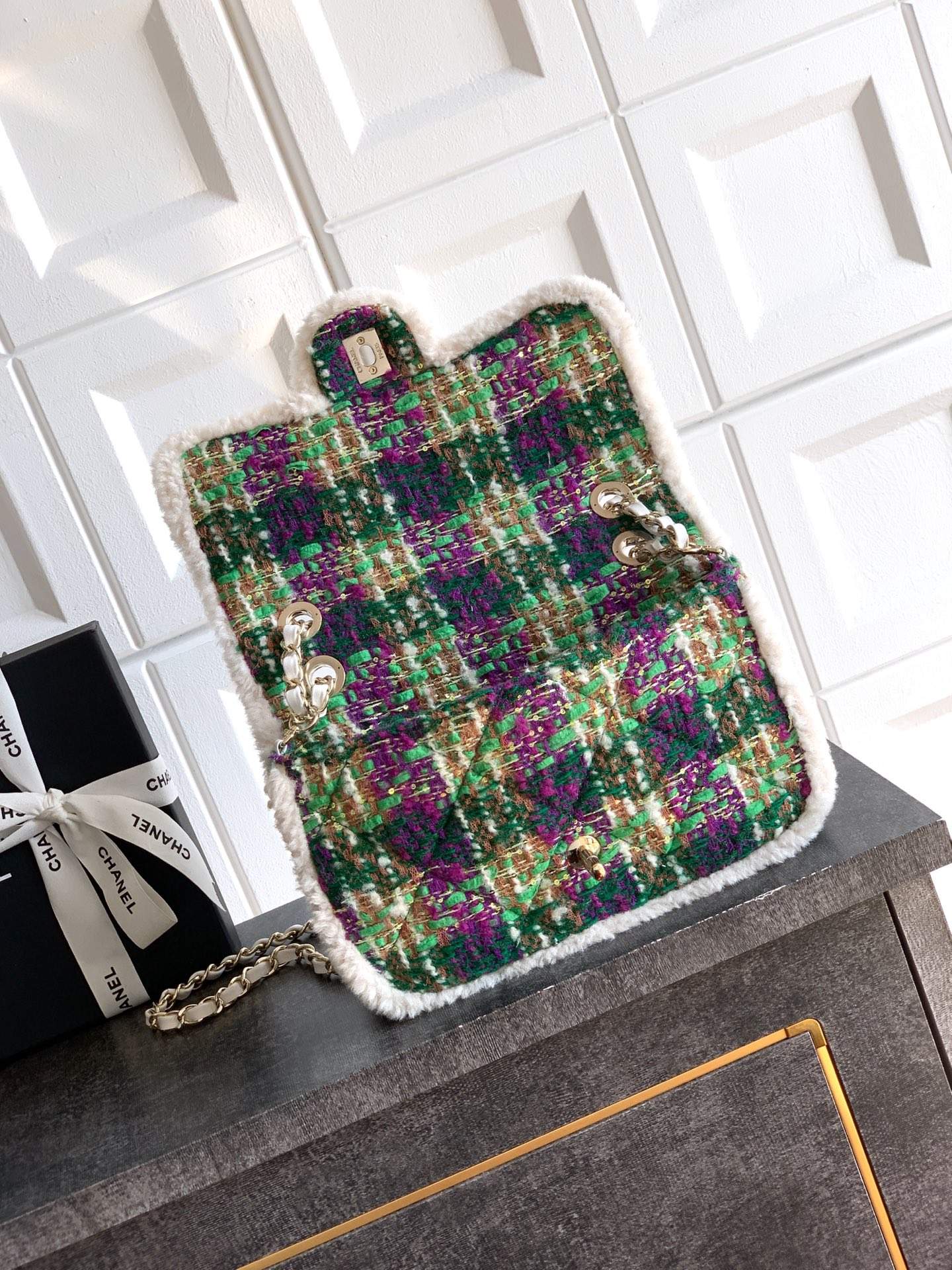 Deluxe Tweed And Shearling Lambskin Replica Large Flap Bag - Image 6