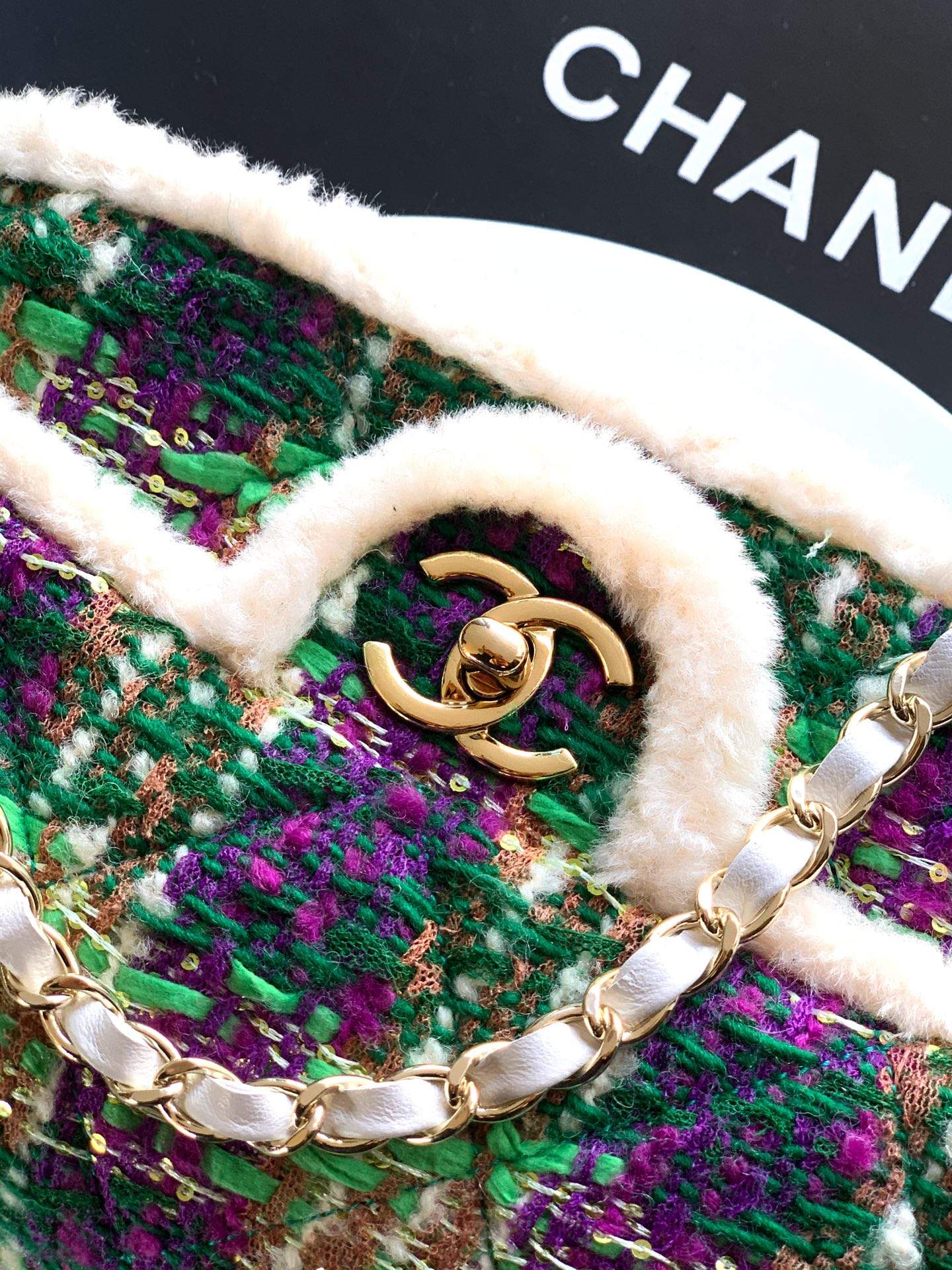 Deluxe Tweed And Shearling Lambskin Replica Large Flap Bag - Image 5