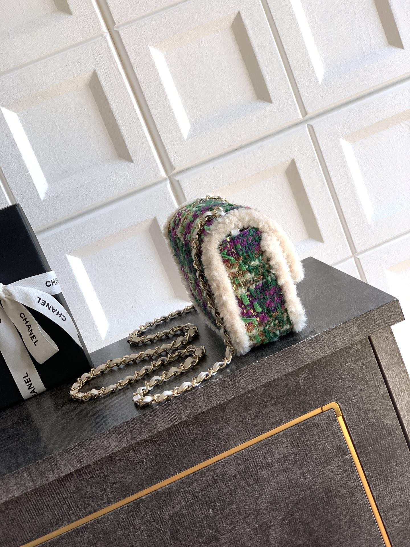 Shop Tweed And Shearling Lambskin Replica Mini Flap Bag - Image 3