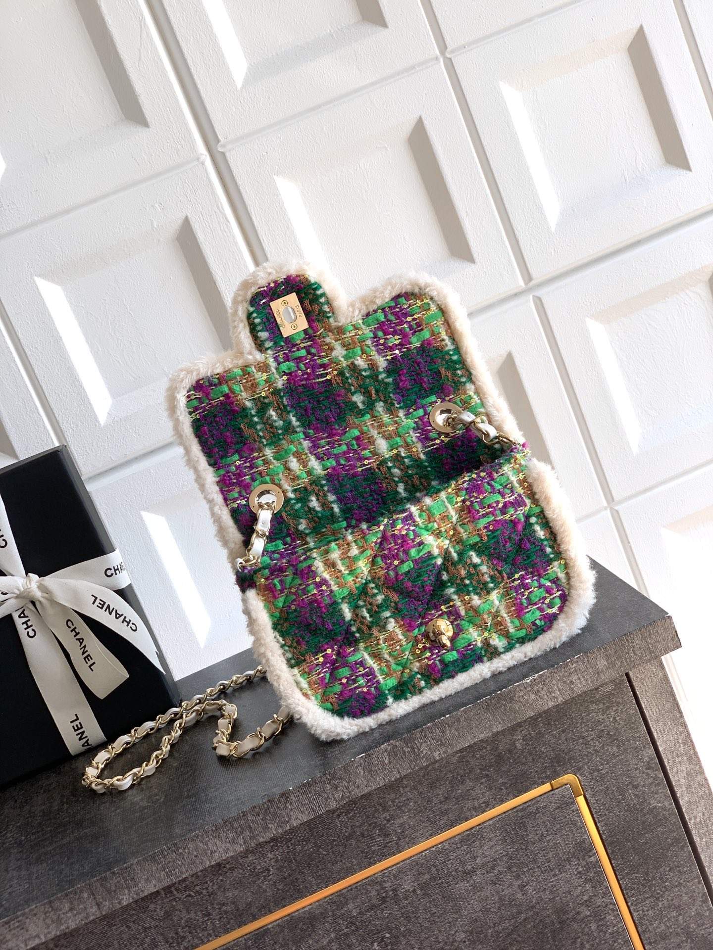 Shop Tweed And Shearling Lambskin Replica Mini Flap Bag - Image 5