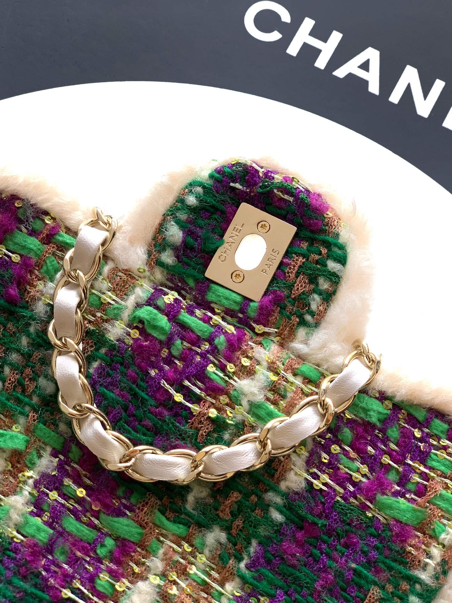 Shop Tweed And Shearling Lambskin Replica Mini Flap Bag - Image 7