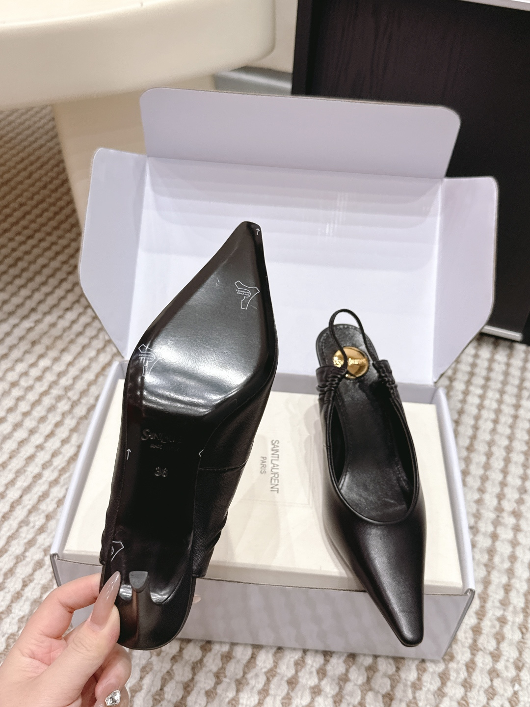 Deluxe YSL Anne-Marie 75 Leather Replica Slingback Pumps - Image 9