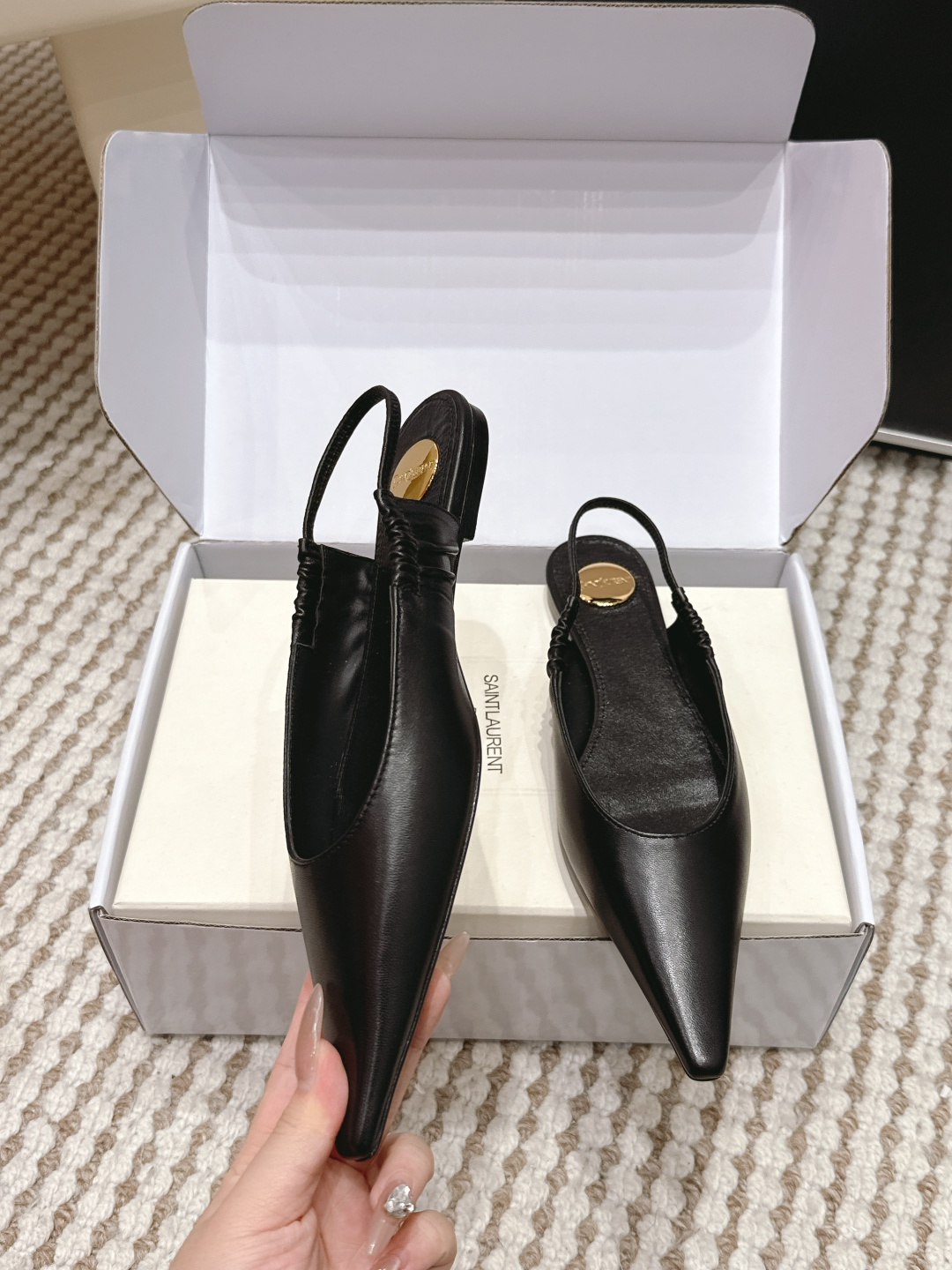 Deluxe YSL Anne-Marie Replica Leather Slingback Flats - Image 5