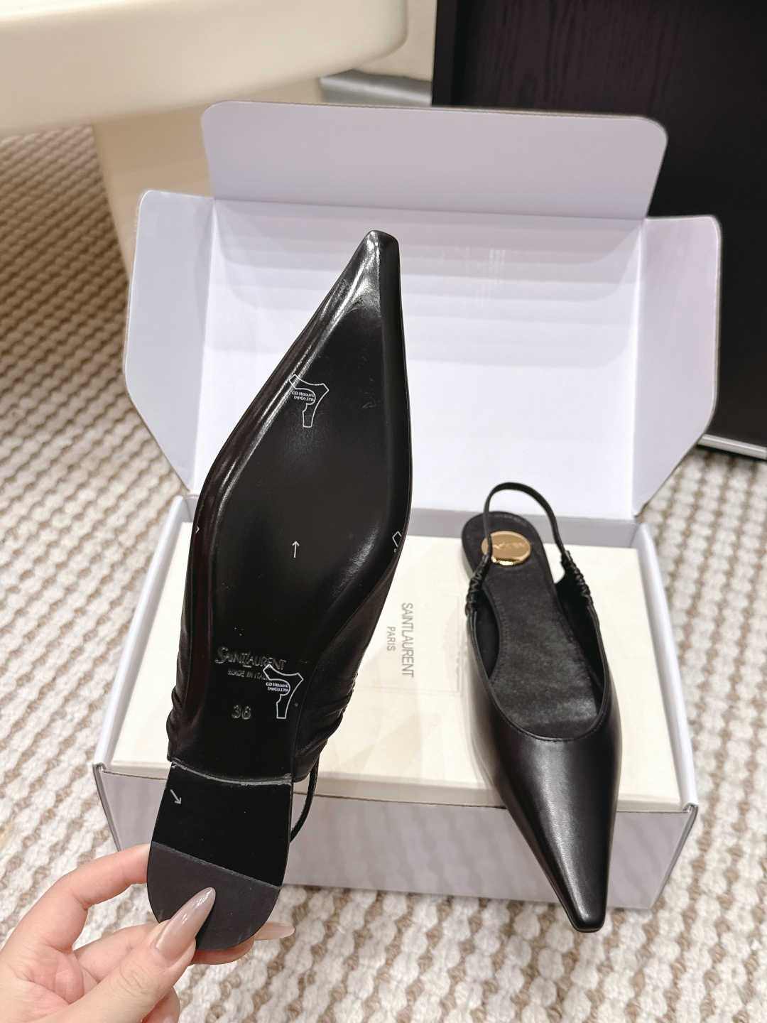 Deluxe YSL Anne-Marie Replica Leather Slingback Flats - Image 9